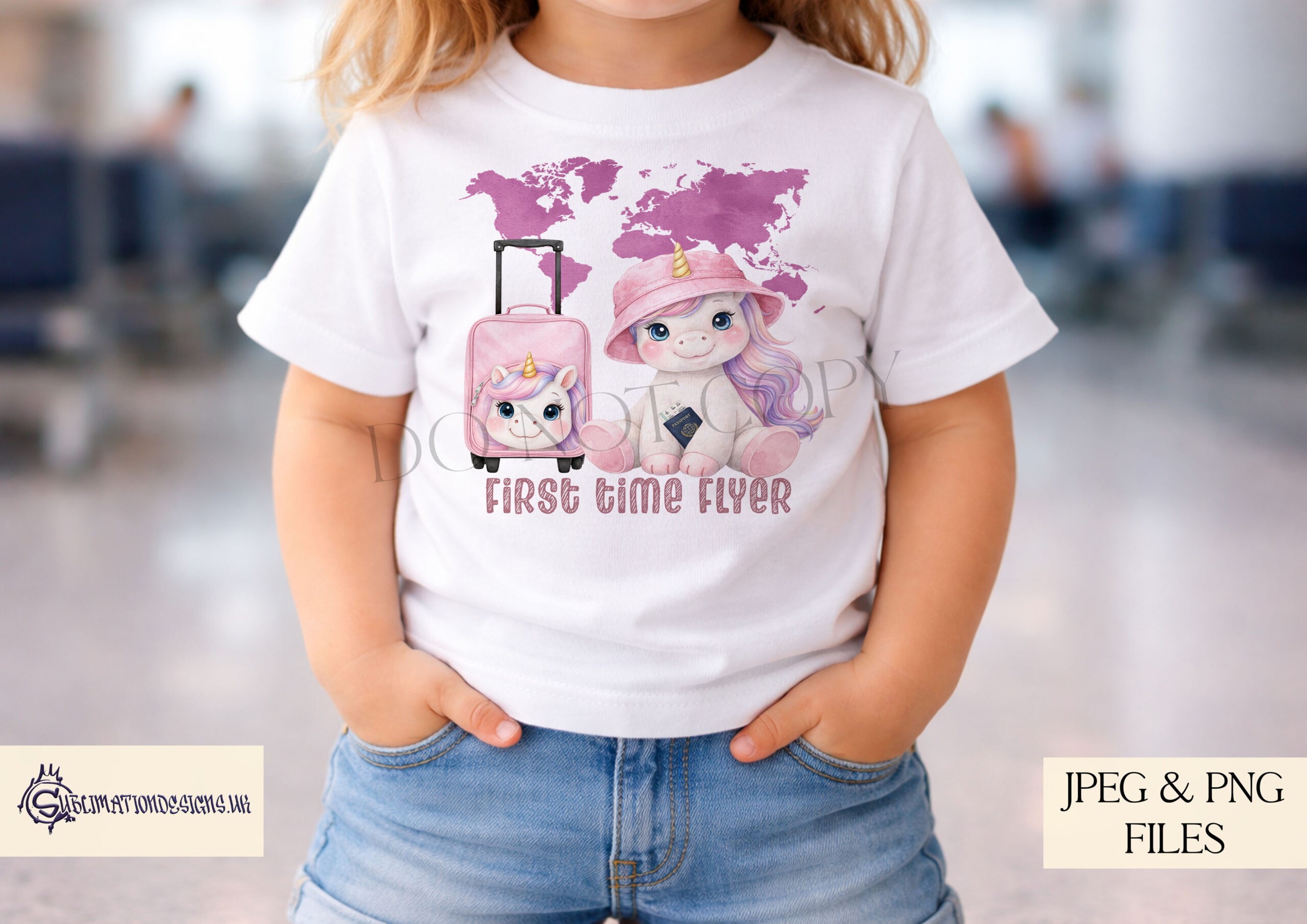 Cute Baby Unicorn Flyer Flyers Set of 6 preview showing a cute baby unicorn in pink and lilac versions with textless and first travel wording options, supplied in JPEG and PNG