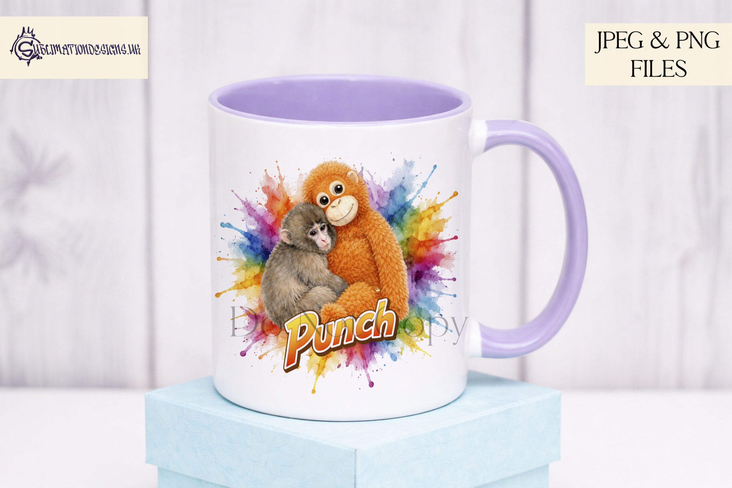 Punch The Monkey Design Set of 3 preview showing a cuddly monkey themed design with a textless version and name Punch versions, supplied in JPEG and PNG with mock ups