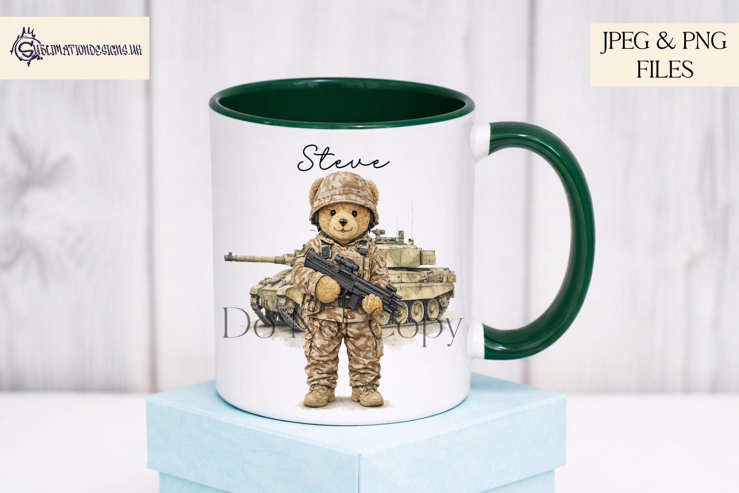 Duke The Army Bear Set of 6 preview showing an army teddy bear in combat uniform and helmet with vehicle options and a UK flag badge version, supplied in JPEG and PNG