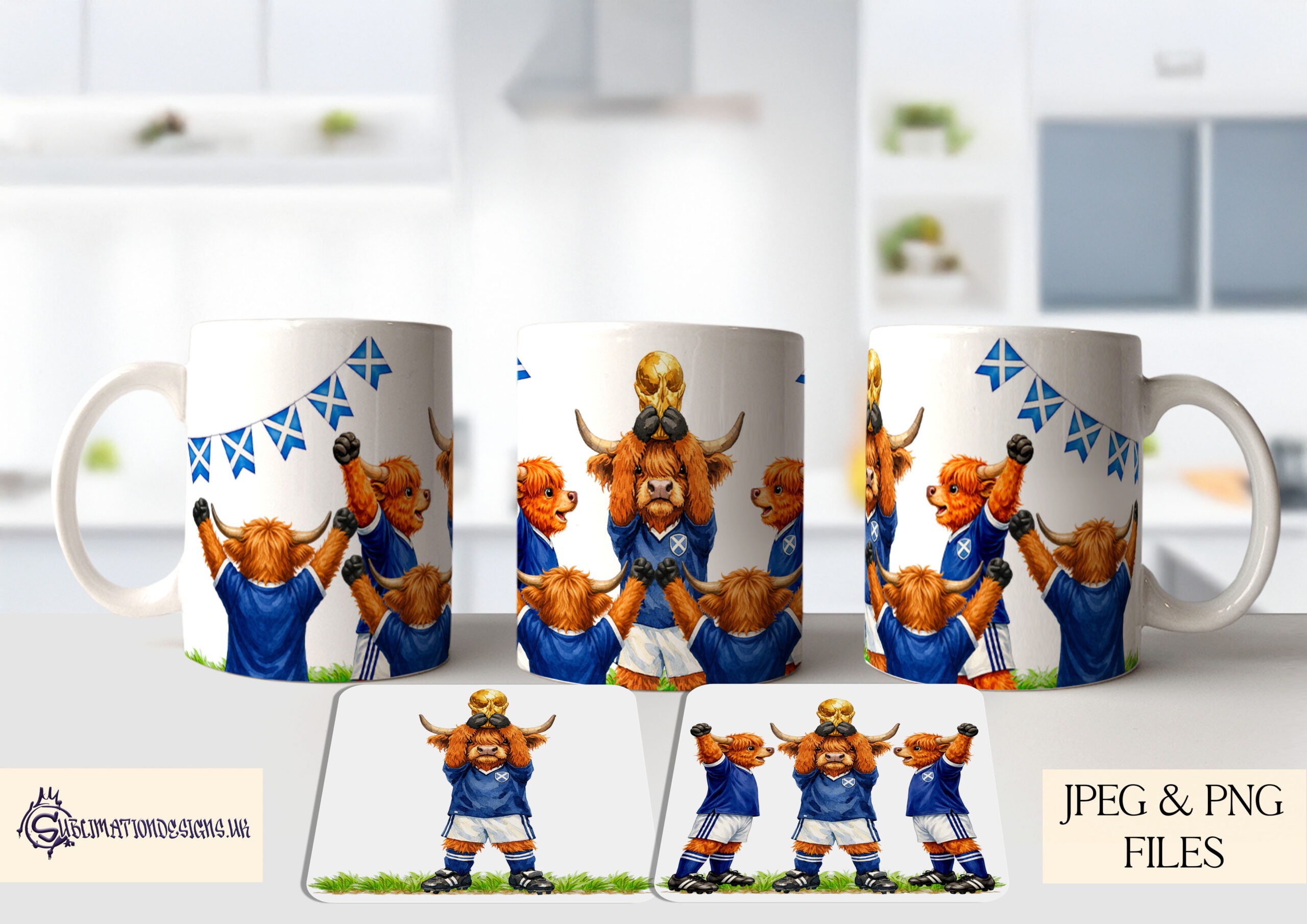 Highland Cow World Cup Scotland Edition Set preview showing a Highland cow in a Scotland inspired kit lifting a trophy with solo and team mate versions plus a mug wrap, supplied in JPEG and PNG