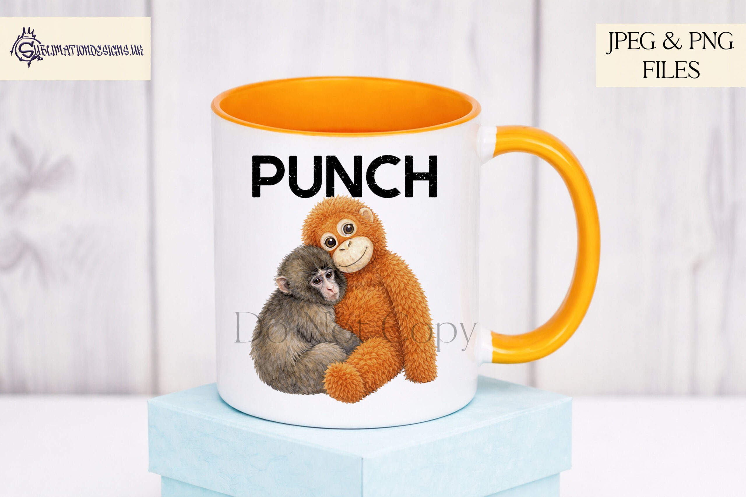 Punch The Monkey Design Set of 3 preview showing a cuddly monkey themed design with a textless version and name Punch versions, supplied in JPEG and PNG with mock ups