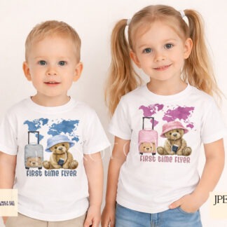 Teddy Bear Traveller Designs Set of 8 preview showing a teddy bear in a bucket hat with suitcase and passport against a world map, in four colour versions with textless and First Time Flyer options