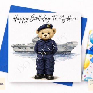 Nelson The Navy Bear Set of 6 preview showing a navy teddy bear with and without a UK flag badge and ship and submarine background options, supplied in JPEG and PNG