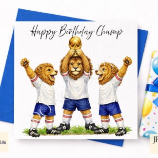 Lion World Cup England Edition Set preview showing a lion in an England inspired kit lifting a trophy, plus a team celebration design and mug wrap, supplied in JPEG and PNG with mock ups