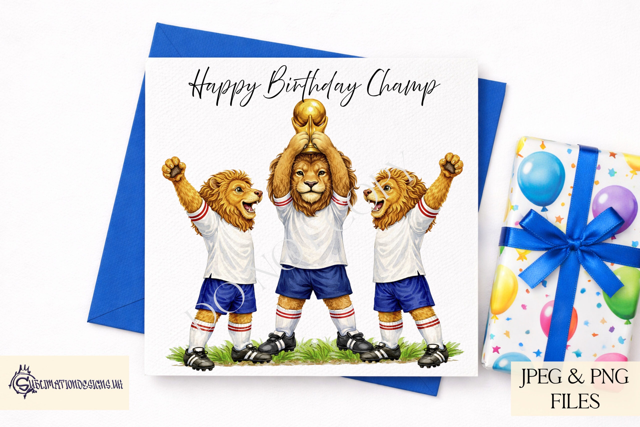 Lion World Cup England Edition Set preview showing a lion in an England inspired kit lifting a trophy, plus a team celebration design and mug wrap, supplied in JPEG and PNG with mock ups
