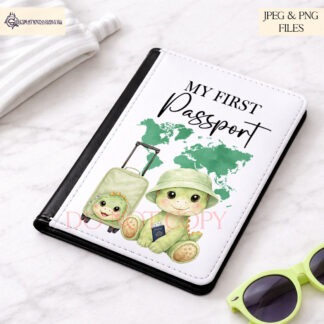 Cute Baby Dinosaur Flyer Flyers Set of 6 preview showing a cute dinosaur wearing a blue and green bucket hat with textless and first travel wording options, supplied in JPEG and PNG