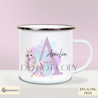 Pastel Unicorn Alphabet Set of 26 preview showing unicorn letter designs with capital letters and pastel paint splash backgrounds, supplied in JPEG and PNG