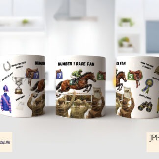 Horse Racing Mug Wrap Design Set of 2 preview showing horse racing themed mug wraps with horses, saddles, betting slips and binoculars, including a personalised name area and a Number 1 Race Fan version