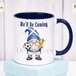 Scotland World Cup Gonk Gnome Set of 3 preview showing male and female gonk gnomes in Scotland inspired football kits holding a ball and trophy, with optional goal frame background