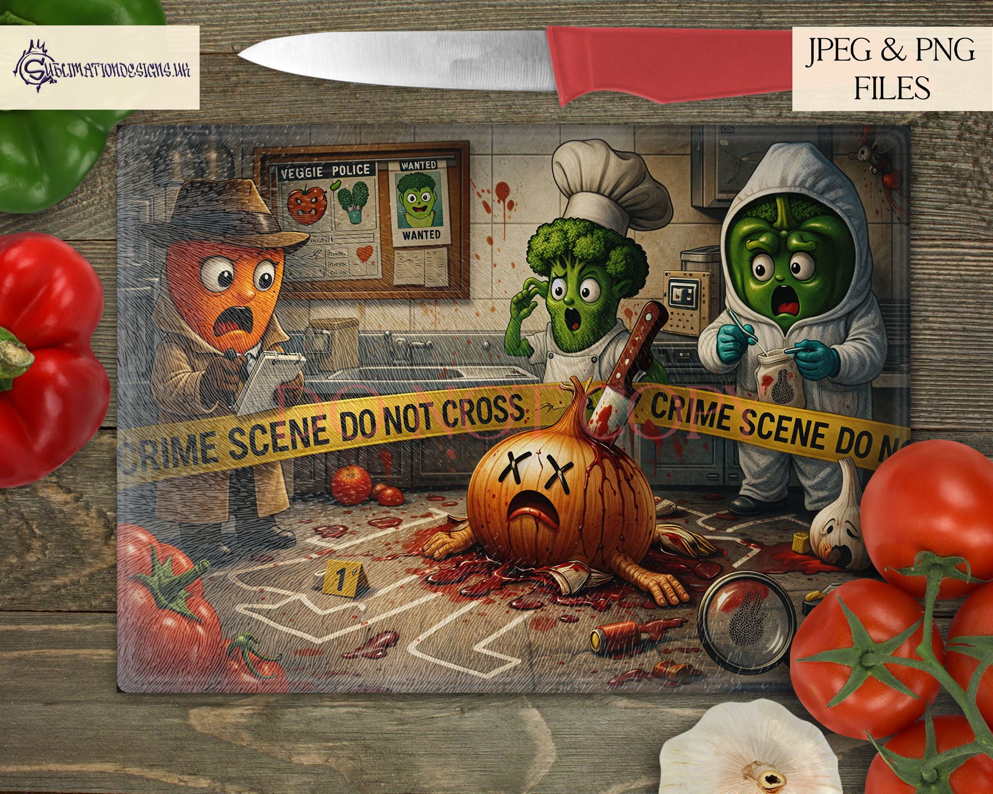 Onion Murder Scene Comedy Chopping Board Design preview showing a crime scene style onion and forensic detectives on an A4 landscape chopping board layout