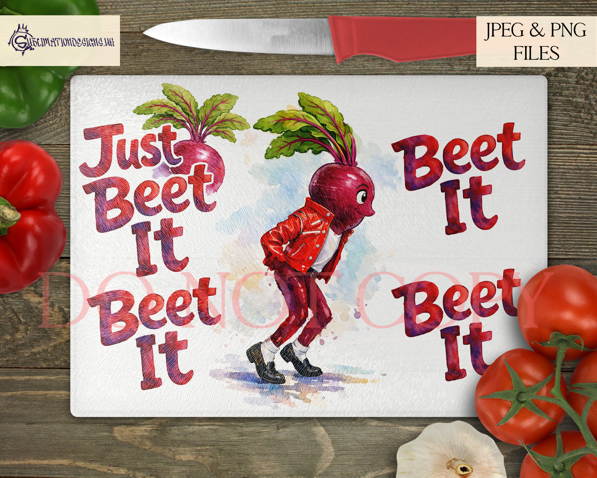 Comedy Musical Themed Chopping Boards Set of 6 preview showing A4 landscape food pun chopping board designs with musical themed phrases and matching characters