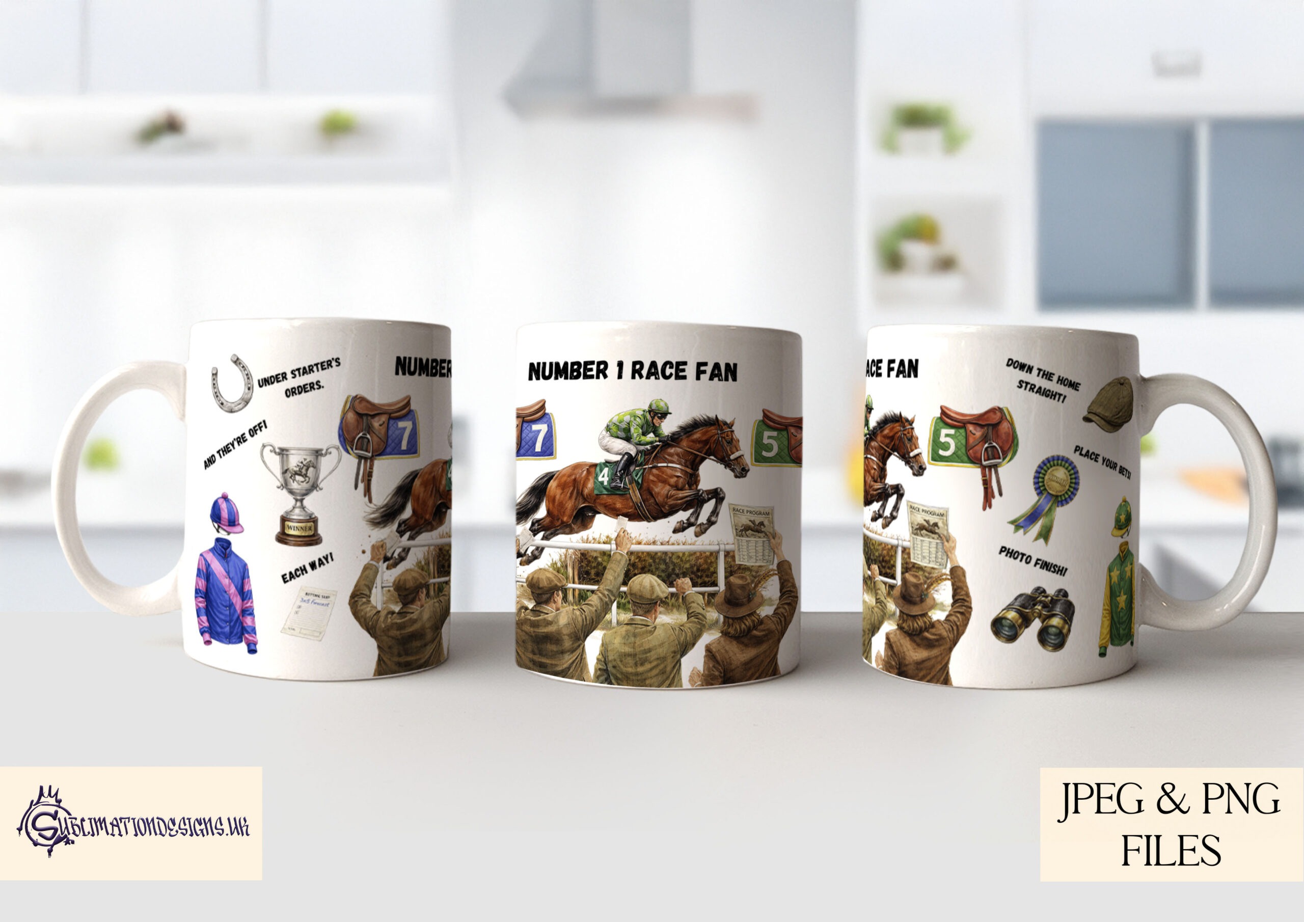 Horse Racing Mug Wrap Design Set of 2 preview showing horse racing themed mug wraps with horses, saddles, betting slips and binoculars, including a personalised name area and a Number 1 Race Fan version