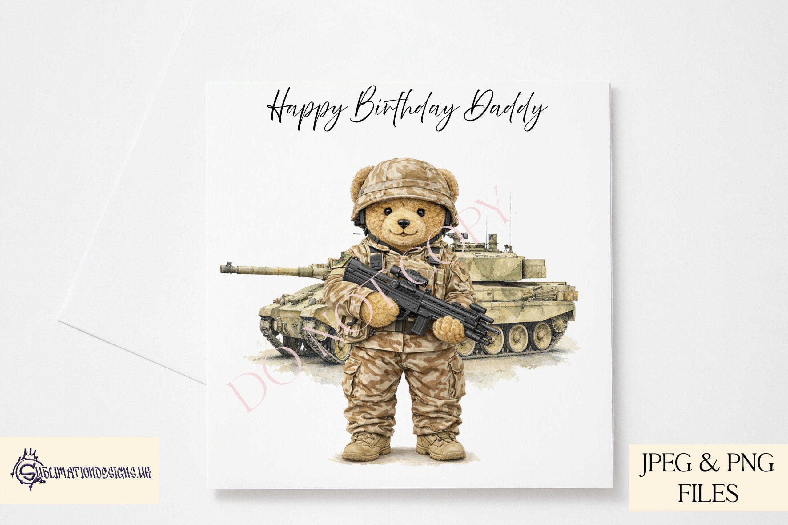 Duke The Army Bear Set of 6 preview showing an army teddy bear in combat uniform and helmet with vehicle options and a UK flag badge version, supplied in JPEG and PNG