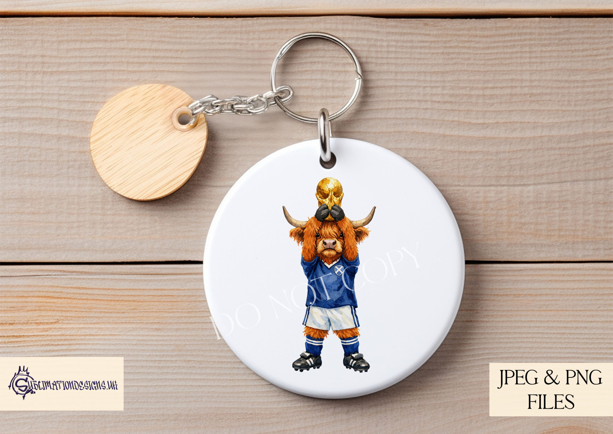 Highland Cow World Cup Scotland Edition Set preview showing a Highland cow in a Scotland inspired kit lifting a trophy with solo and team mate versions plus a mug wrap, supplied in JPEG and PNG