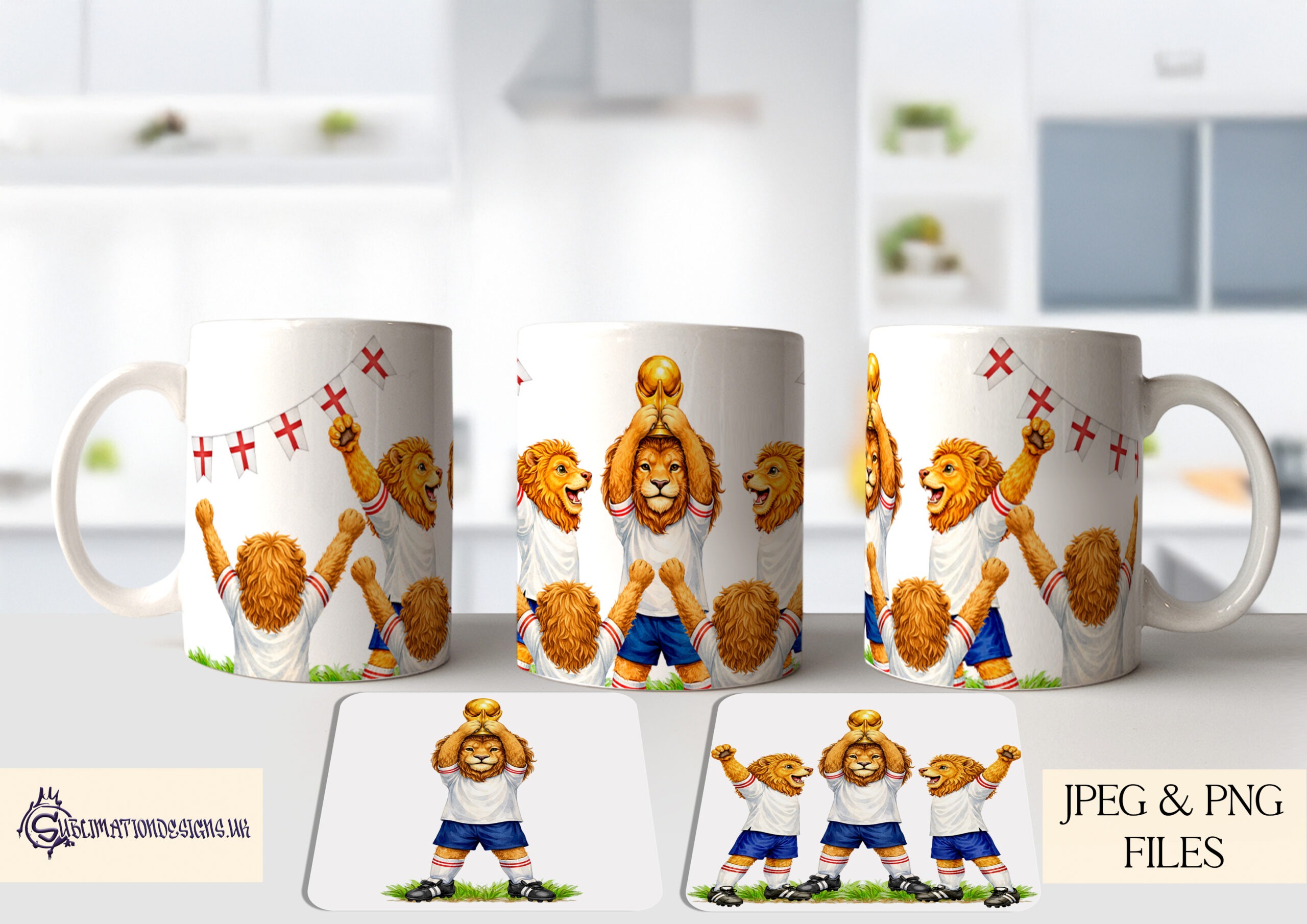 Lion World Cup England Edition Set preview showing a lion in an England inspired kit lifting a trophy, plus a team celebration design and mug wrap, supplied in JPEG and PNG with mock ups