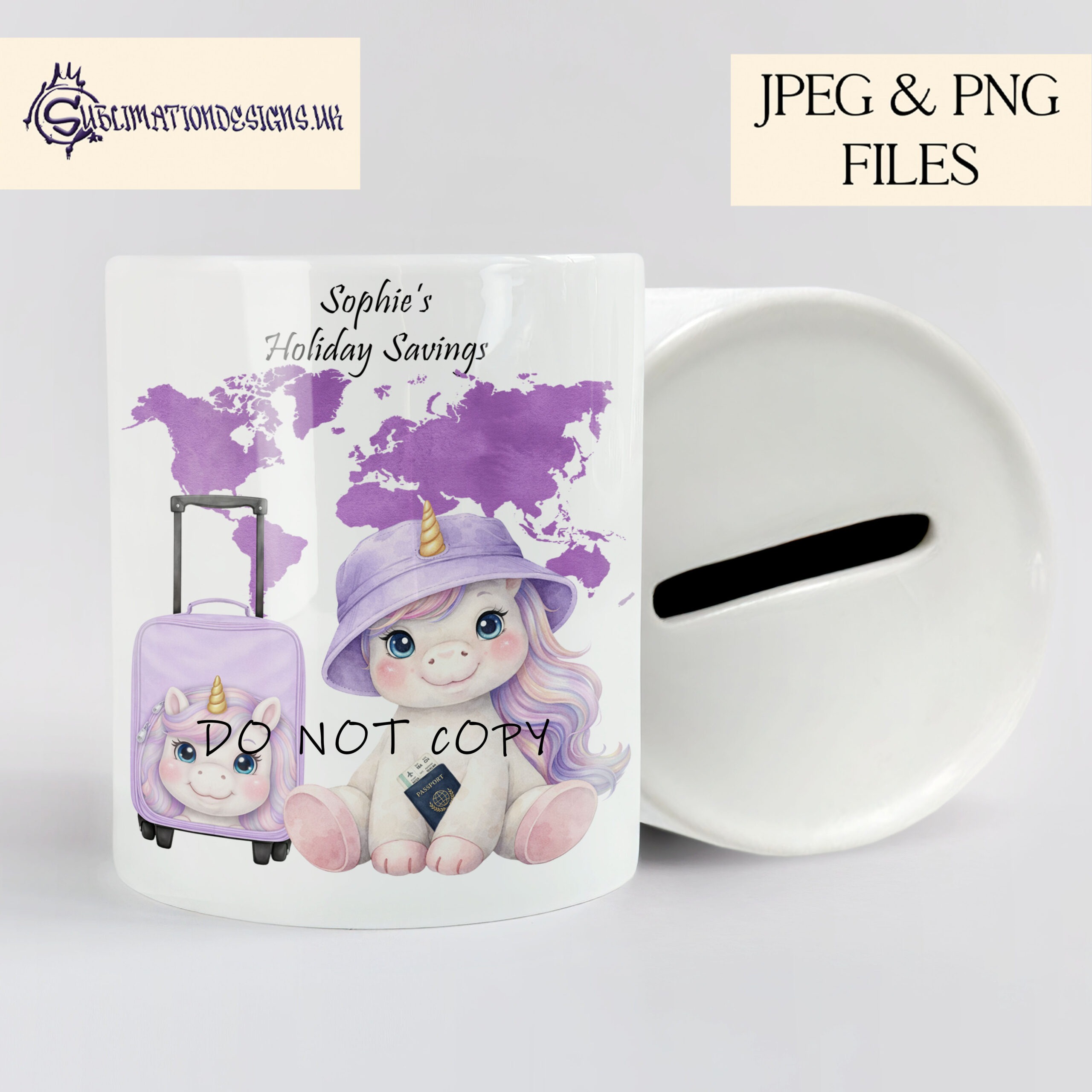 Cute Baby Unicorn Flyer Flyers Set of 6 preview showing a cute baby unicorn in pink and lilac versions with textless and first travel wording options, supplied in JPEG and PNG