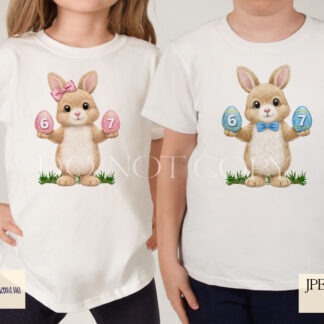 Easter Bunny Six Seven Designs Set of 6 preview showing an Easter bunny holding two eggs with numbers 6 and 7 in blue, pink and mixed colour versions, with and without background