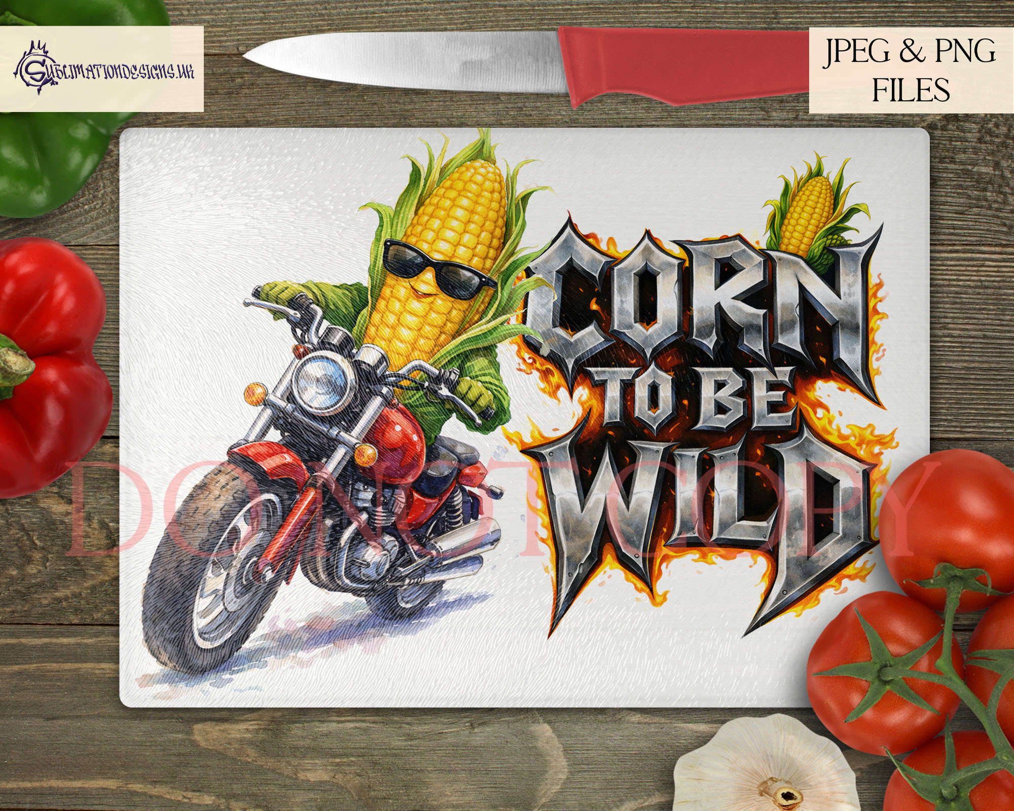 Comedy Musical Themed Chopping Boards Set of 6 preview showing A4 landscape food pun chopping board designs with musical themed phrases and matching characters