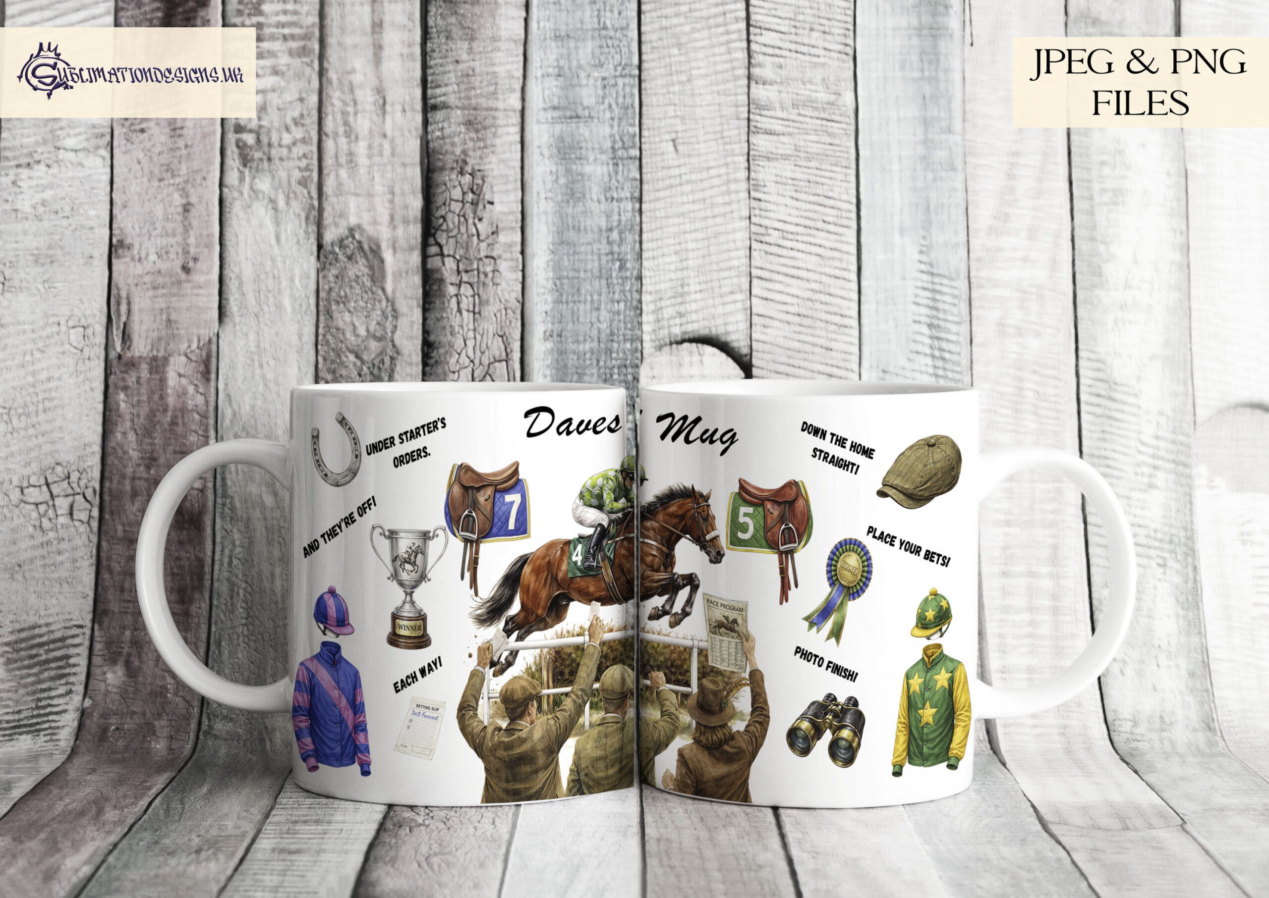 Horse Racing Mug Wrap Design Set of 2 preview showing horse racing themed mug wraps with horses, saddles, betting slips and binoculars, including a personalised name area and a Number 1 Race Fan version