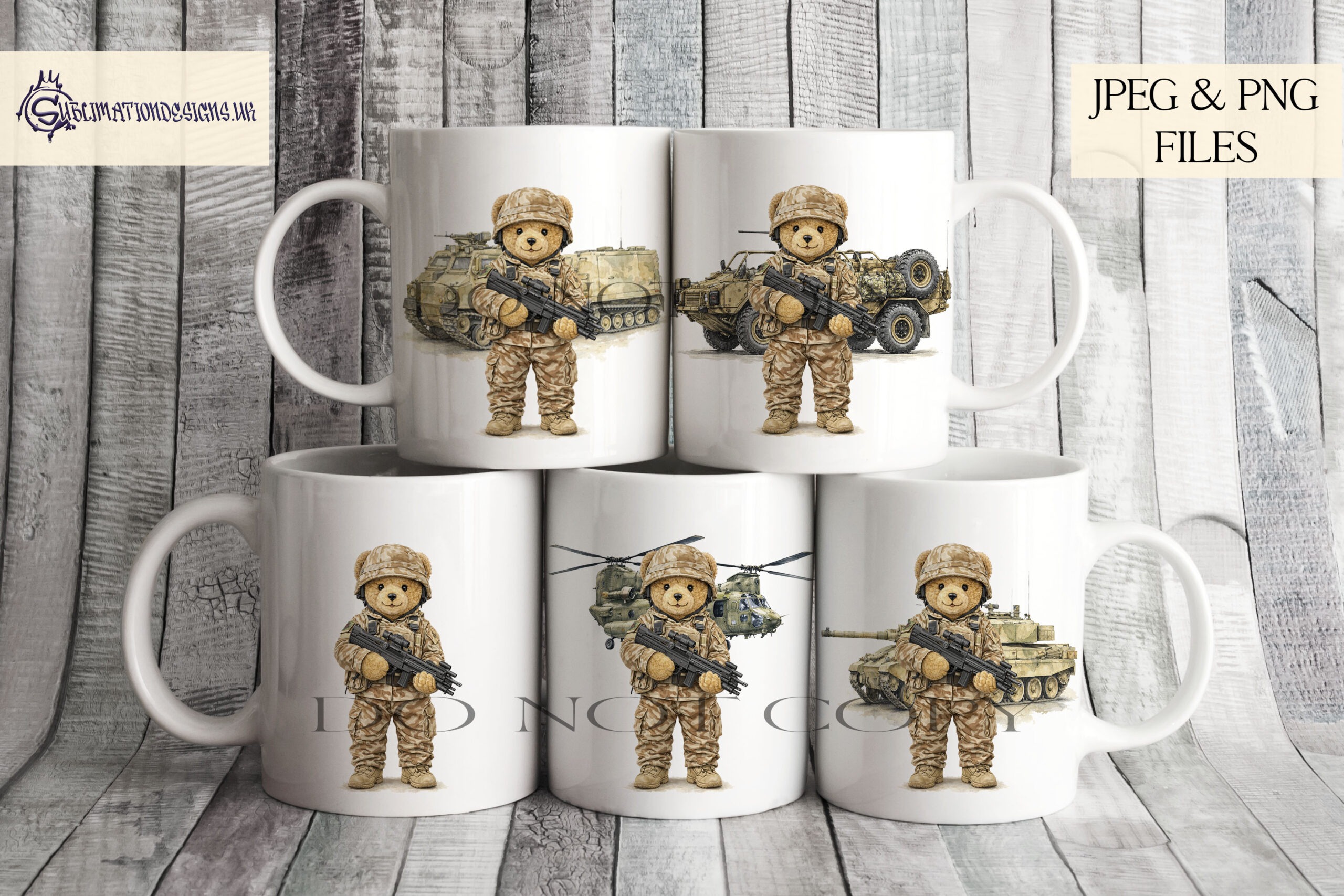Duke The Army Bear Set of 6 preview showing an army teddy bear in combat uniform and helmet with vehicle options and a UK flag badge version, supplied in JPEG and PNG