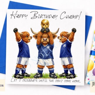 Highland Cow World Cup Scotland Edition Set preview showing a Highland cow in a Scotland inspired kit lifting a trophy with solo and team mate versions plus a mug wrap, supplied in JPEG and PNG