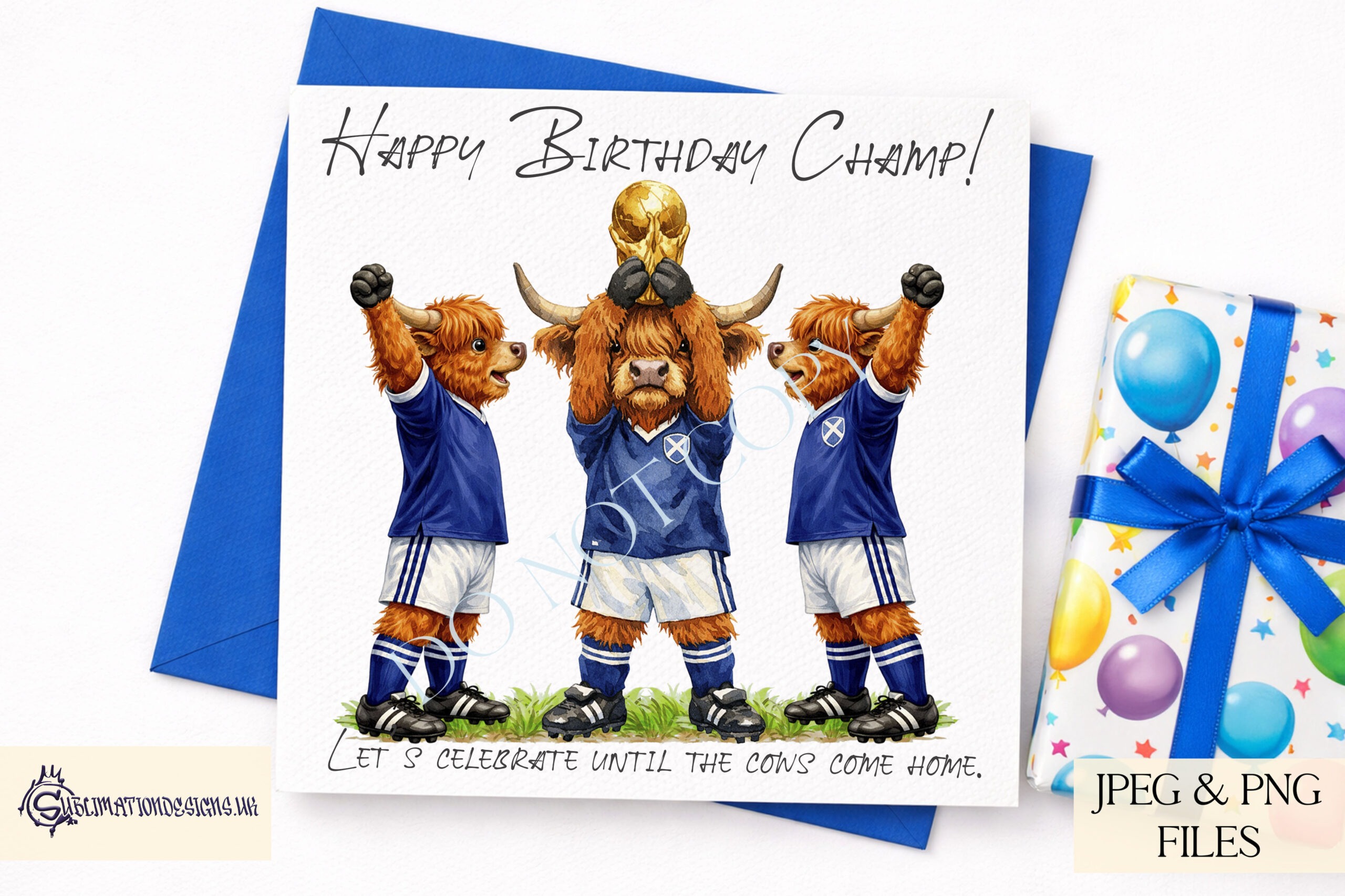 Highland Cow World Cup Scotland Edition Set preview showing a Highland cow in a Scotland inspired kit lifting a trophy with solo and team mate versions plus a mug wrap, supplied in JPEG and PNG