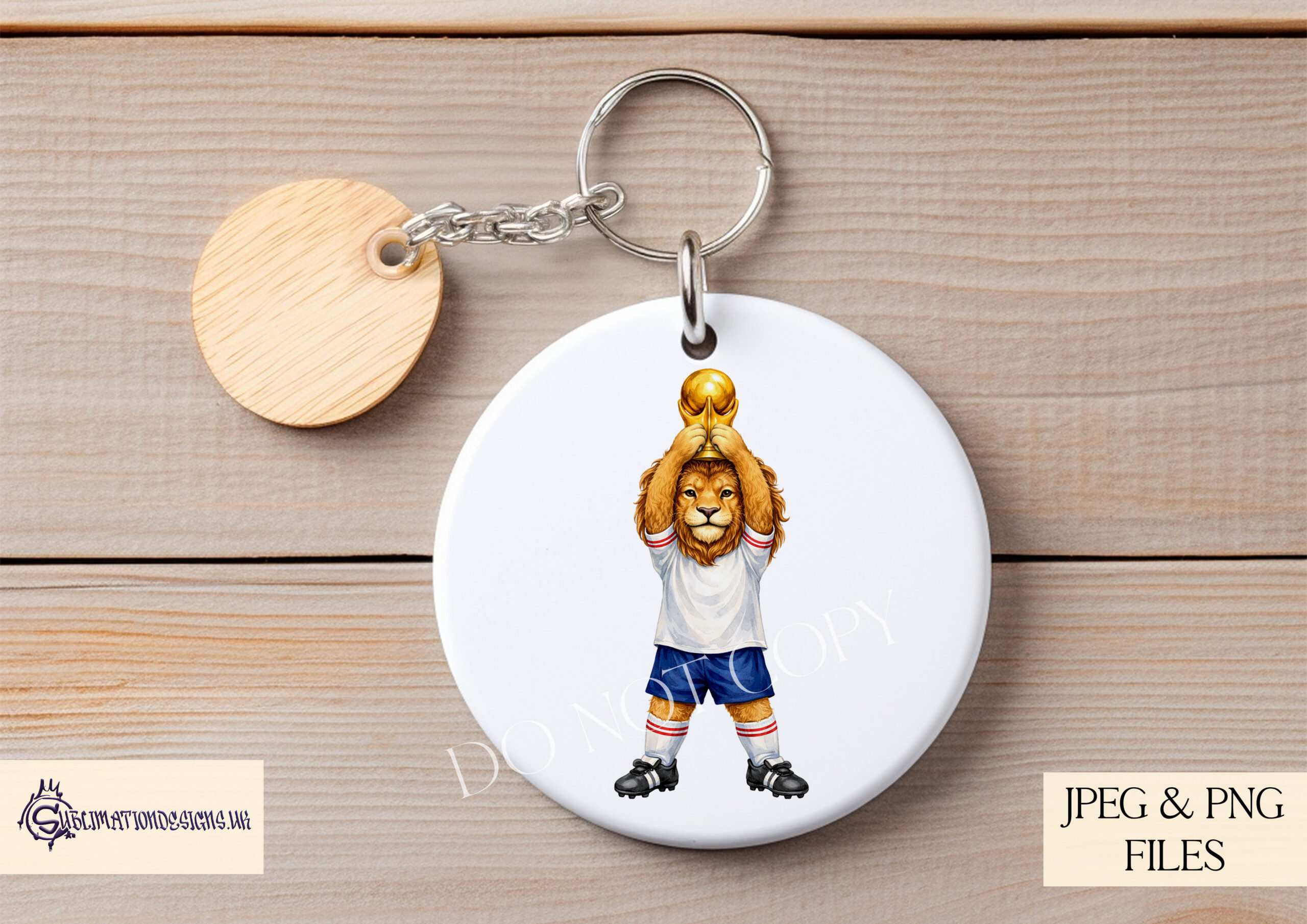 Lion World Cup England Edition Set preview showing a lion in an England inspired kit lifting a trophy, plus a team celebration design and mug wrap, supplied in JPEG and PNG with mock ups