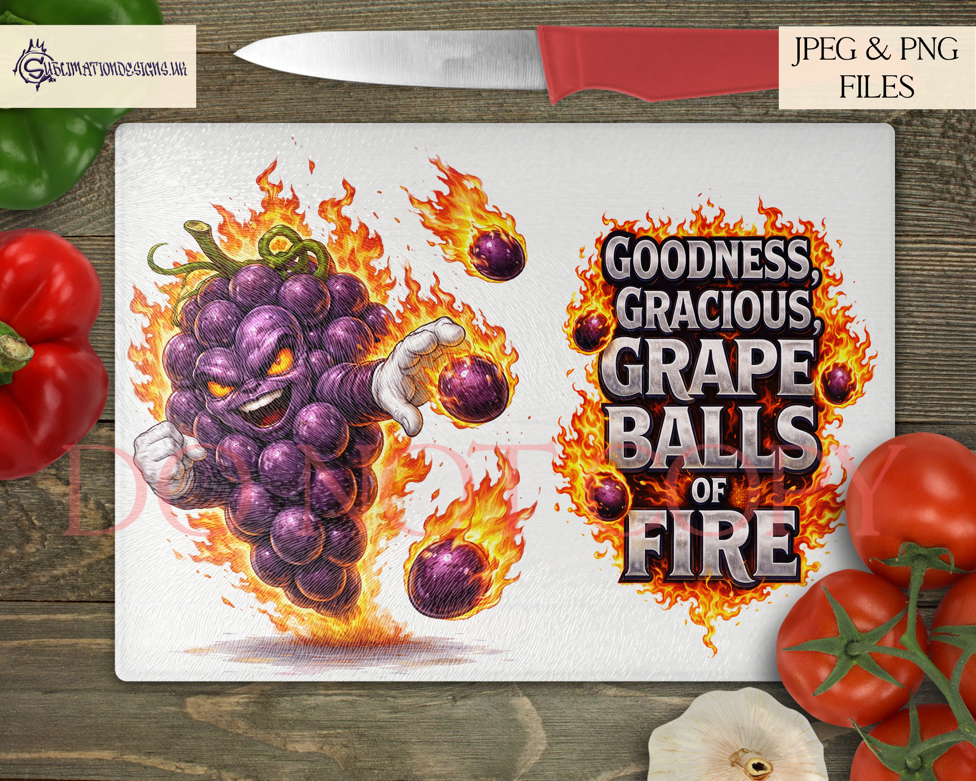 Comedy Musical Themed Chopping Boards Set of 6 preview showing A4 landscape food pun chopping board designs with musical themed phrases and matching characters