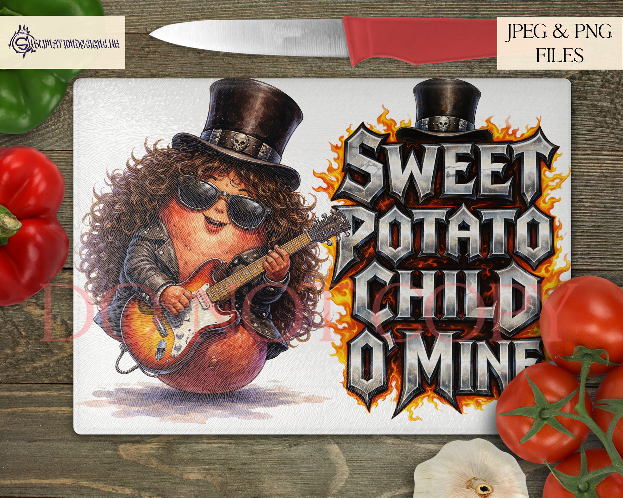 Comedy Musical Themed Chopping Boards Set of 6 preview showing A4 landscape food pun chopping board designs with musical themed phrases and matching characters