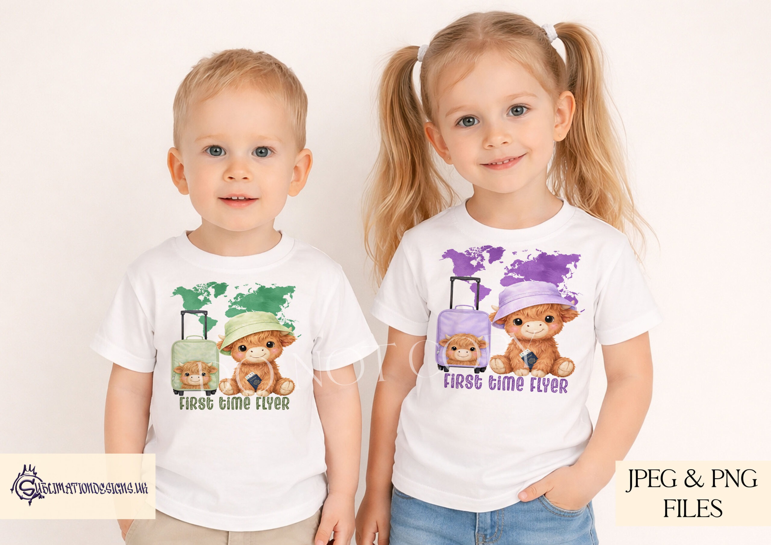 Highland Cow Flyers Set of 12 preview showing a baby Highland cow holding a passport with a bucket hat and suitcase against a world map, in four colour themes with textless and first travel wording options