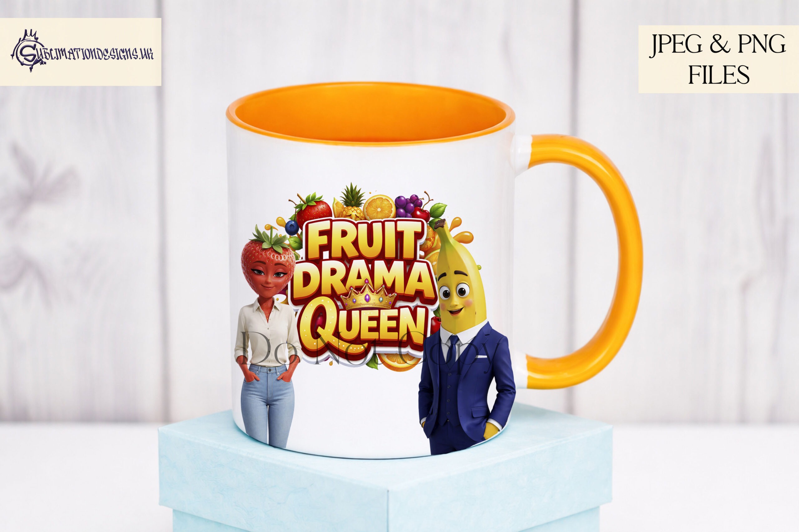Fruit Drama Comedy Designs Set preview showing fruit character designs with wording files and mug wraps including Addicted To Fruit Drama, supplied in JPEG and PNG