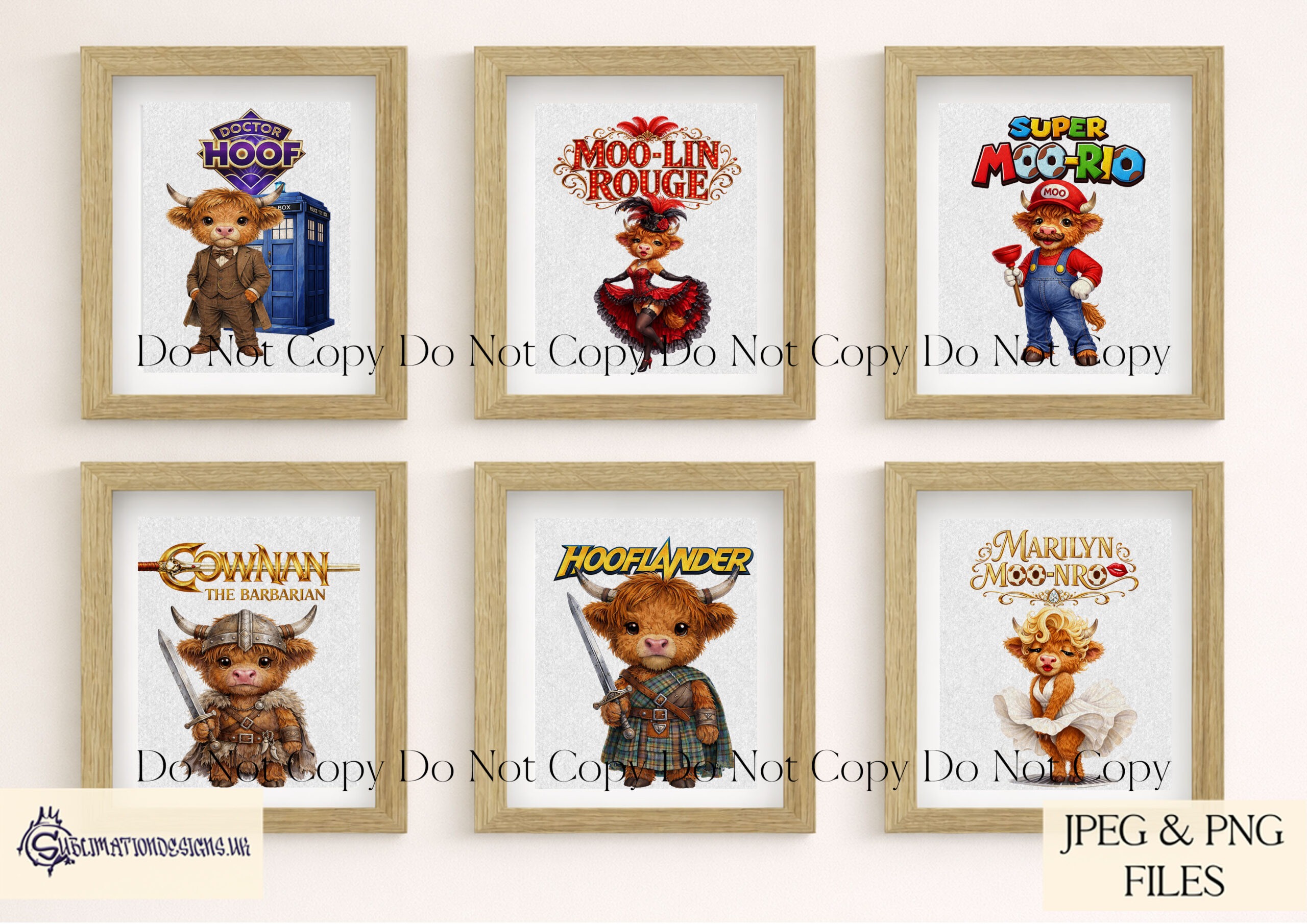 Cows In Character Comedy Designs Set of 12 preview showing novelty cow character themed designs with optional wording PNG files, supplied in JPEG and PNG