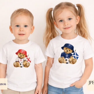 World Cup Football Bears England and Scotland Set of 8 preview showing teddy bears in England and Scotland inspired shirts with bucket hats and flags, with football and world cup ball variations.