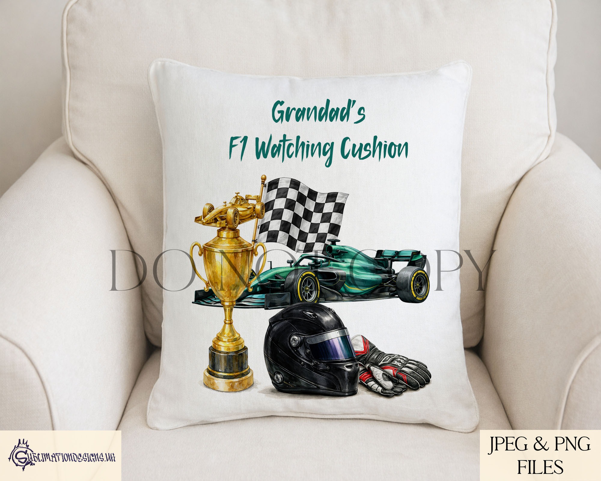 F1 Champion Designs Set of 5 preview showing F1 style cars with a trophy, helmet, gloves and finishing flag in five inspired colour themes, textless JPEG and PNG designs