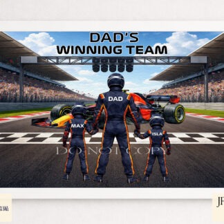 Team Blue Racing Family Clip Art Set preview showing a finish line background with a Red Bull inspired car and family clip art members in navy blue race uniforms for building custom racing family designs