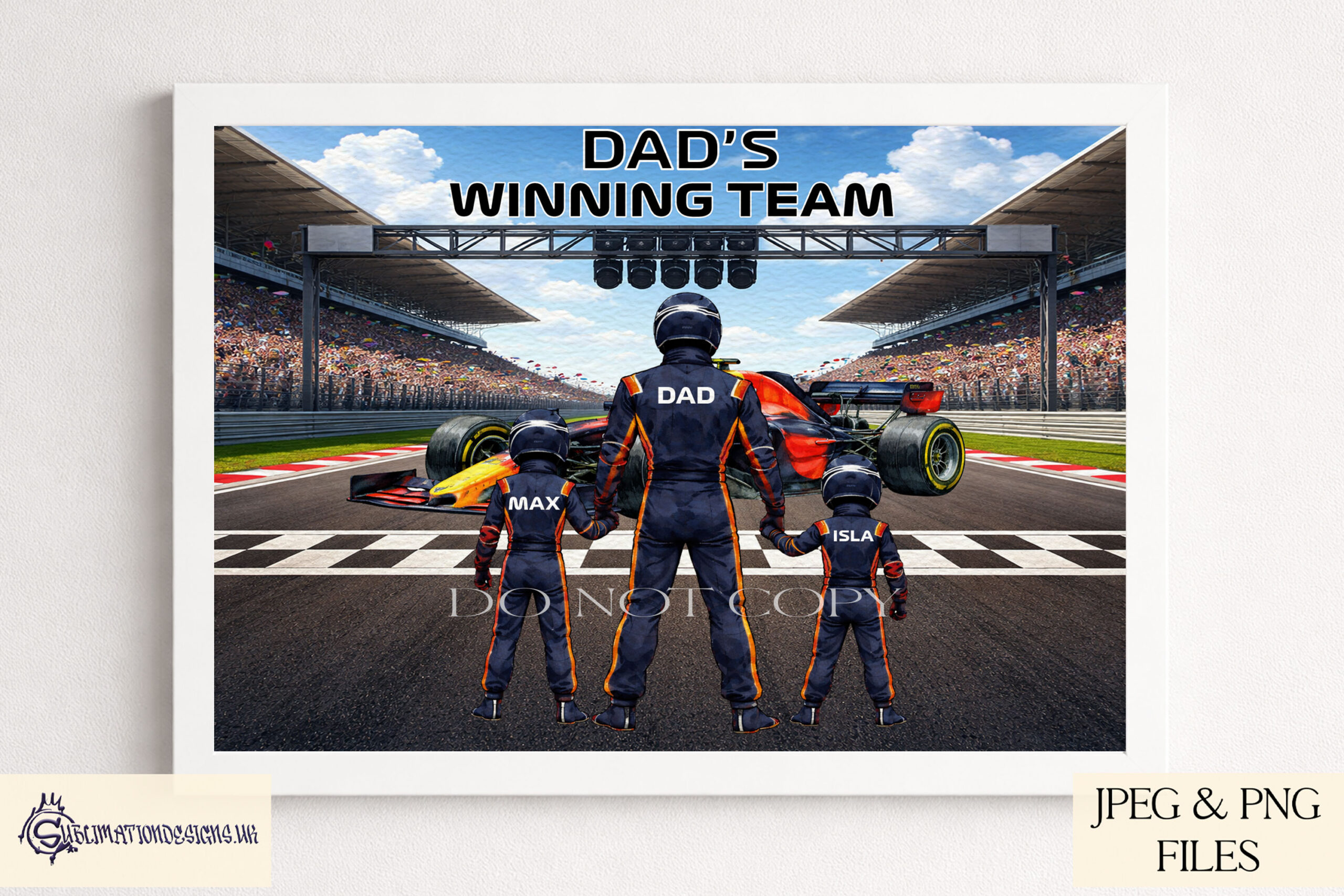 Team Blue Racing Family Clip Art Set preview showing a finish line background with a Red Bull inspired car and family clip art members in navy blue race uniforms for building custom racing family designs