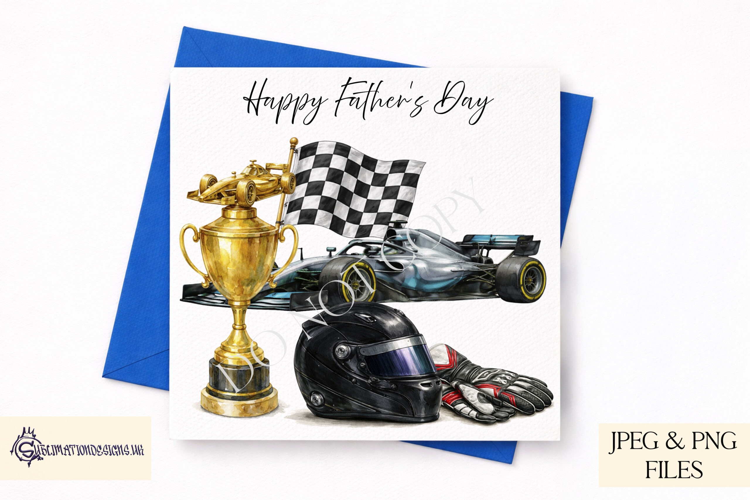 F1 Champion Designs Set of 5 preview showing F1 style cars with a trophy, helmet, gloves and finishing flag in five inspired colour themes, textless JPEG and PNG designs