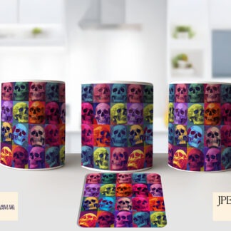 Skulls Collage Set of 6 preview showing vibrant and subdued skull collage designs in A4 landscape, square and mug wrap formats, supplied in JPEG and PNG