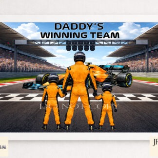 Team Orange Racing Family Clip Art Set preview showing a finish line background with a McLaren inspired F1 style car and family clip art members for building custom racing family designs