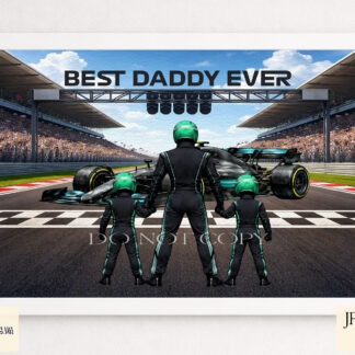 Team Black Racing Family Clip Art Set preview showing a finish line background with an F1 style car and family clip art members in black uniforms with green trim for building custom racing family designs