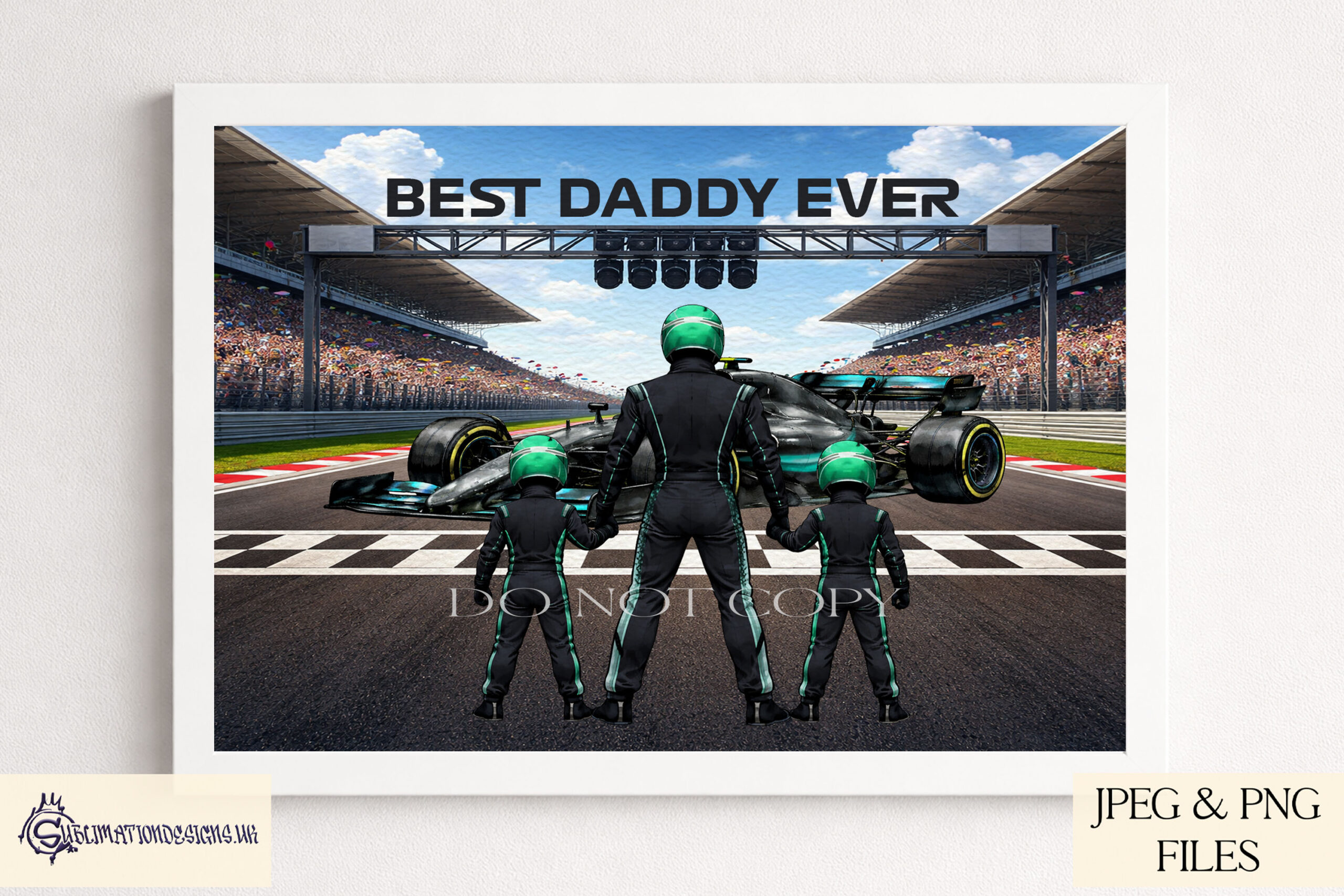Team Black Racing Family Clip Art Set preview showing a finish line background with an F1 style car and family clip art members in black uniforms with green trim for building custom racing family designs