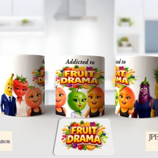 Fruit Drama Comedy Designs Set preview showing fruit character designs with wording files and mug wraps including Addicted To Fruit Drama, supplied in JPEG and PNG