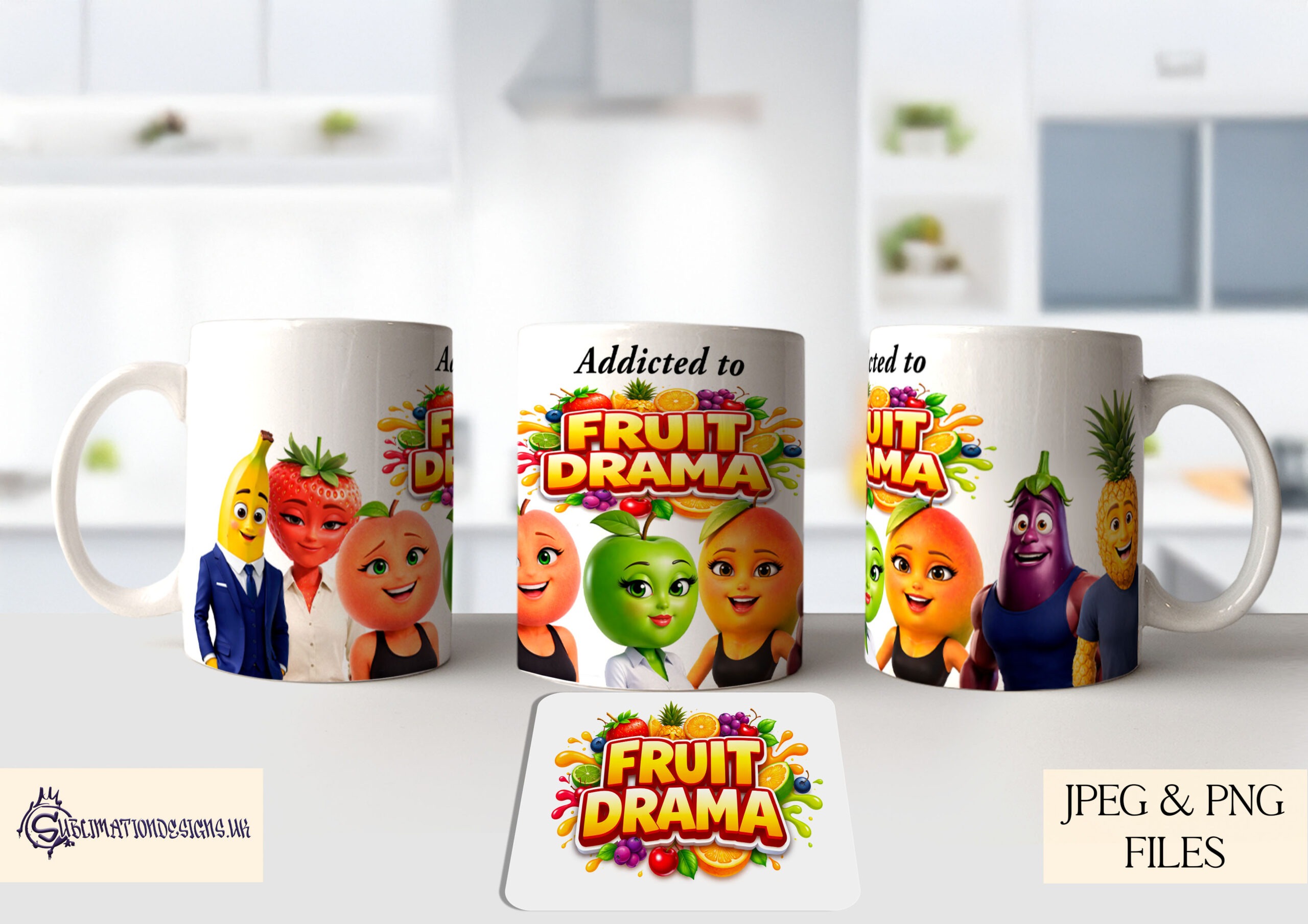 Fruit Drama Comedy Designs Set preview showing fruit character designs with wording files and mug wraps including Addicted To Fruit Drama, supplied in JPEG and PNG