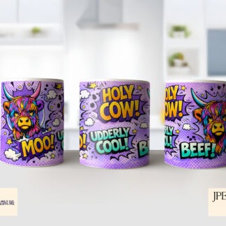 Pop Art Highland Cow Designs Set preview showing pop art style Highland cow mug wraps in multiple colour schemes with matching cow designs and wording PNG files