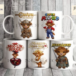 Cows In Character Comedy Designs Set of 12 preview showing novelty cow character themed designs with optional wording PNG files, supplied in JPEG and PNG