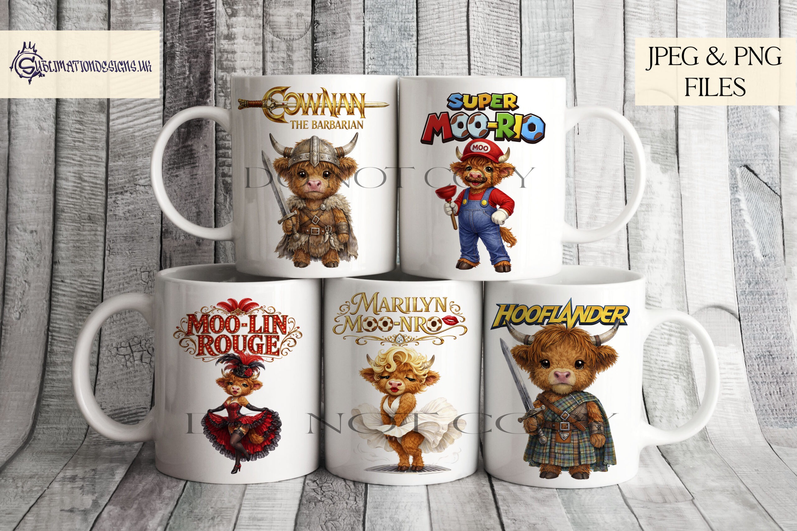 Cows In Character Comedy Designs Set of 12 preview showing novelty cow character themed designs with optional wording PNG files, supplied in JPEG and PNG