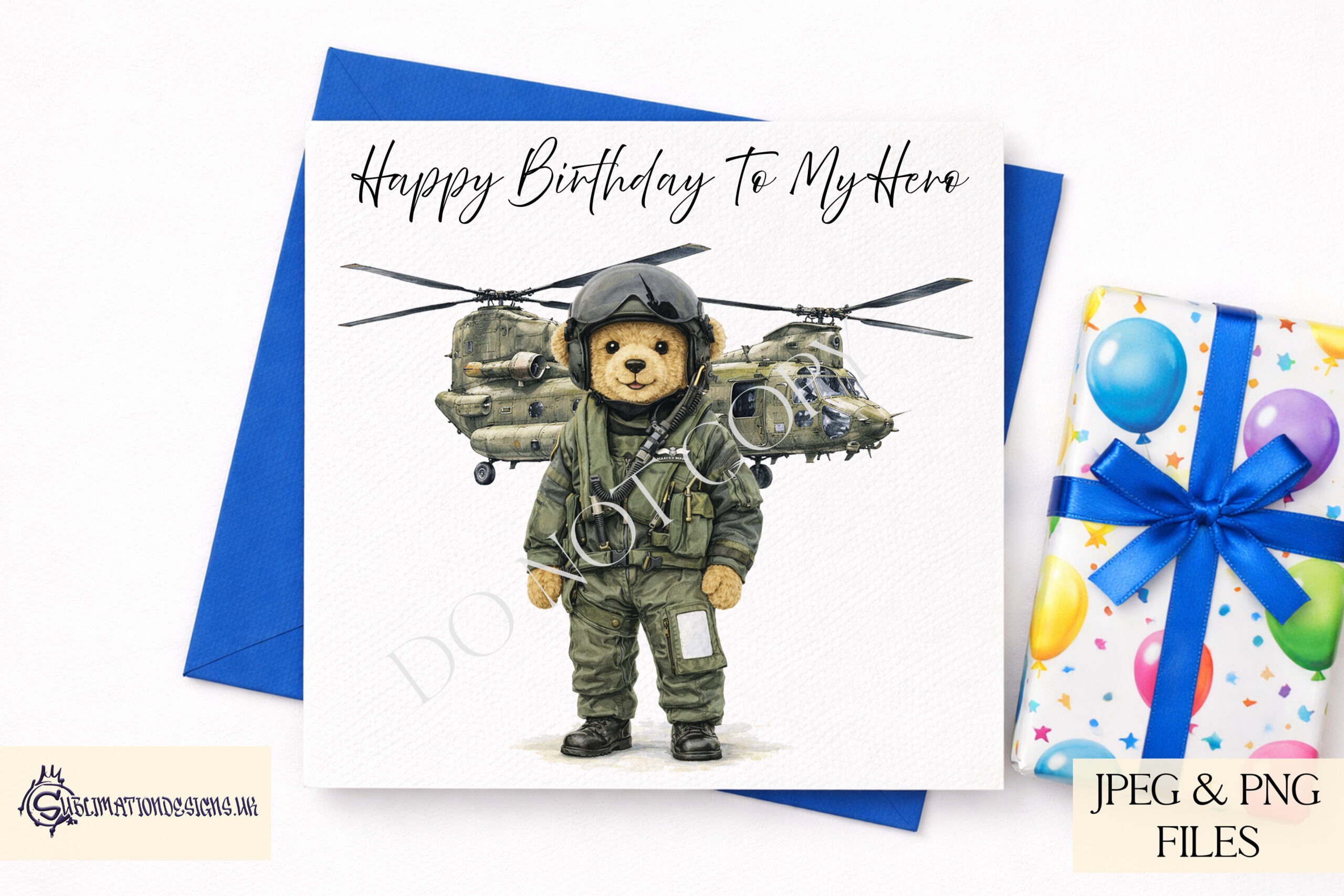 Ace The Airforce Bear Set of 6 preview showing an airforce teddy bear with and without a UK flag badge and air vehicle background options, supplied in JPEG and PNG