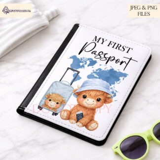 Highland Cow Flyers Set of 12 preview showing a baby Highland cow holding a passport with a bucket hat and suitcase against a world map, in four colour themes with textless and first travel wording options