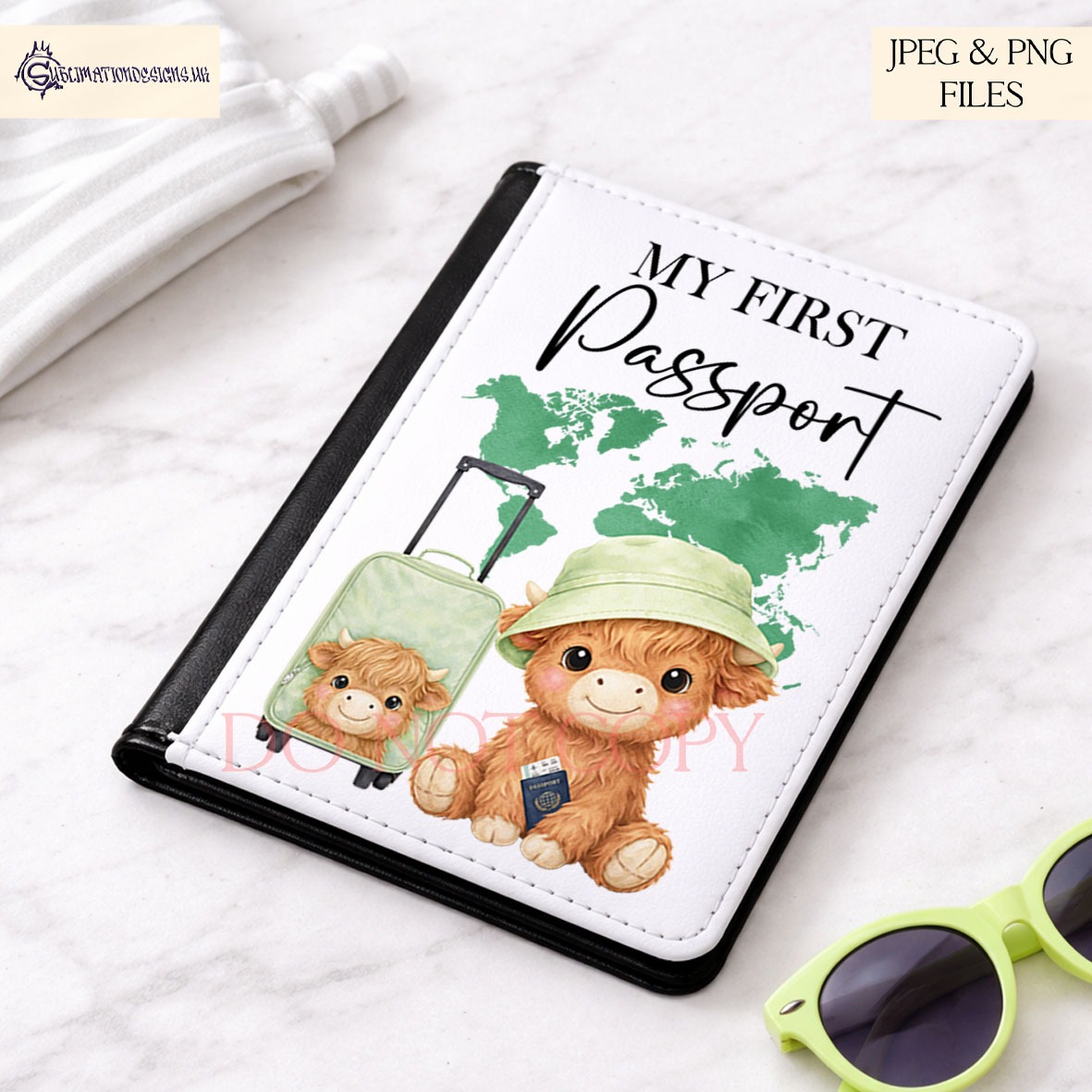 Highland Cow Flyers Set of 12 preview showing a baby Highland cow holding a passport with a bucket hat and suitcase against a world map, in four colour themes with textless and first travel wording options
