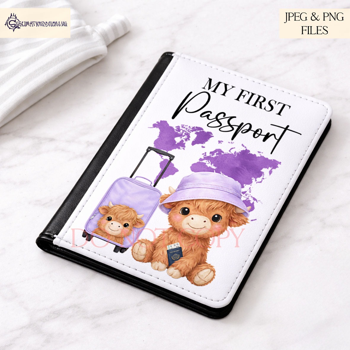 Highland Cow Flyers Set of 12 preview showing a baby Highland cow holding a passport with a bucket hat and suitcase against a world map, in four colour themes with textless and first travel wording options